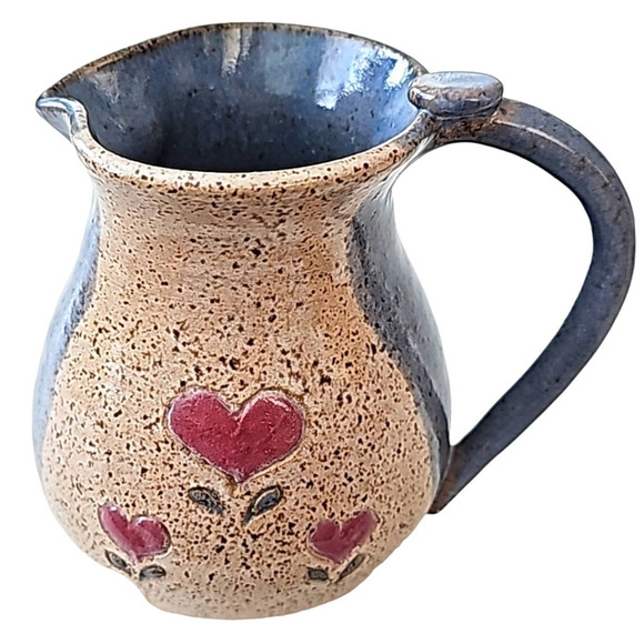 Signed Pottery Pitcher Speckled Design with Pink Heart Flowers 5" T x 6" W - Picture 1 of 7